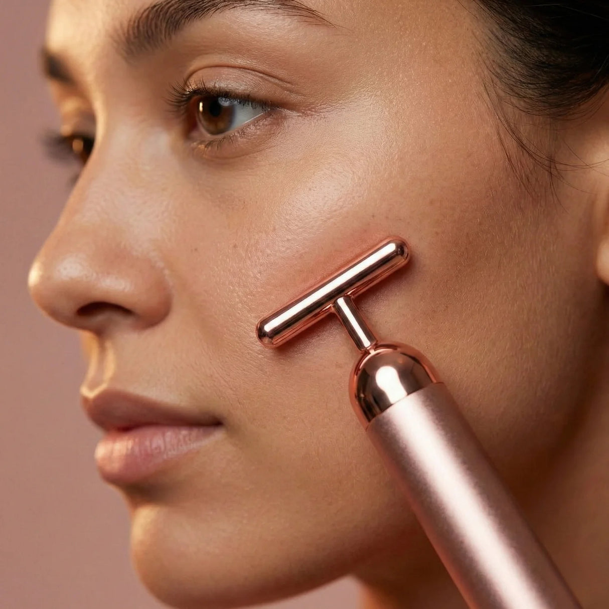 Masajeador Facial Beauty Bar Holy en uso sobre rostro aplicando movimientos ascendentes para efecto lifting