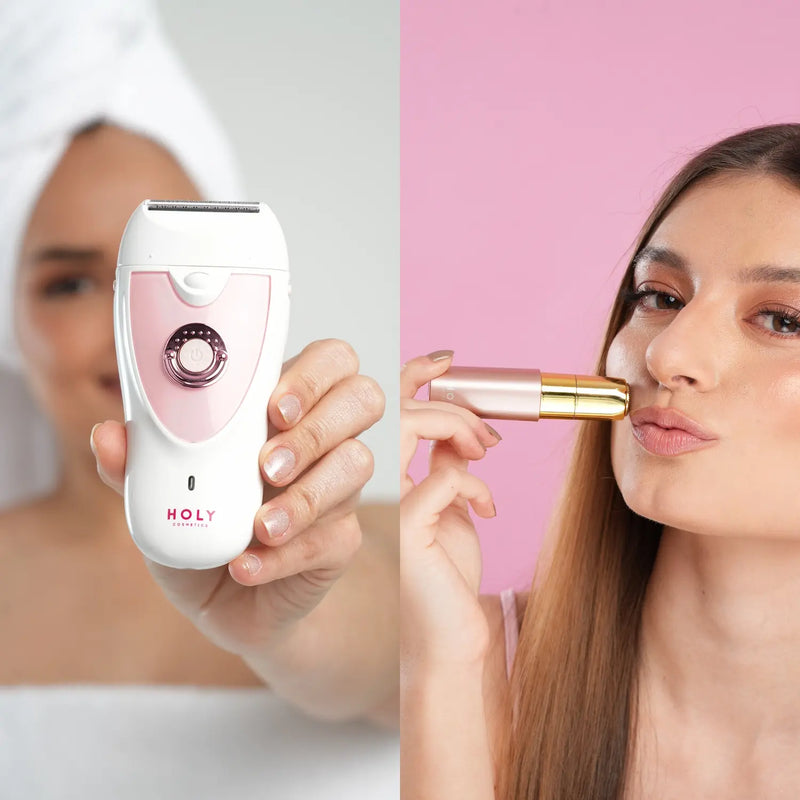 Una mujer con la depiladora 2 en 1 Holy en la mano y otra usando el depilador facial Holy sobre el labio